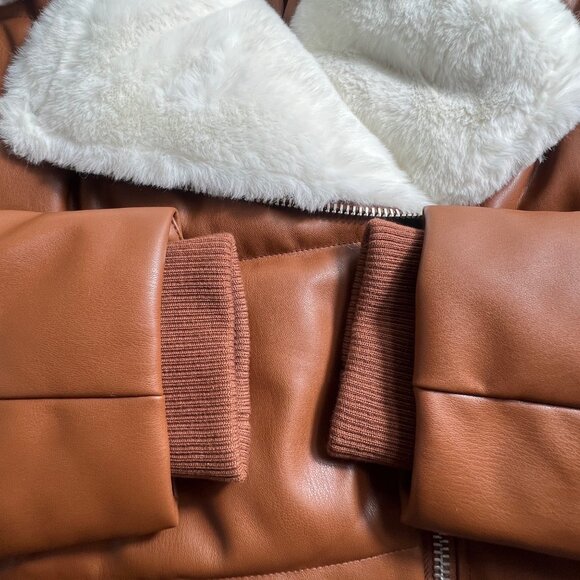 Levis Brown Faux Leather Sherpa Collar Puffer Jacket With Zipper Pockets Size XL - Picture 4 of 9